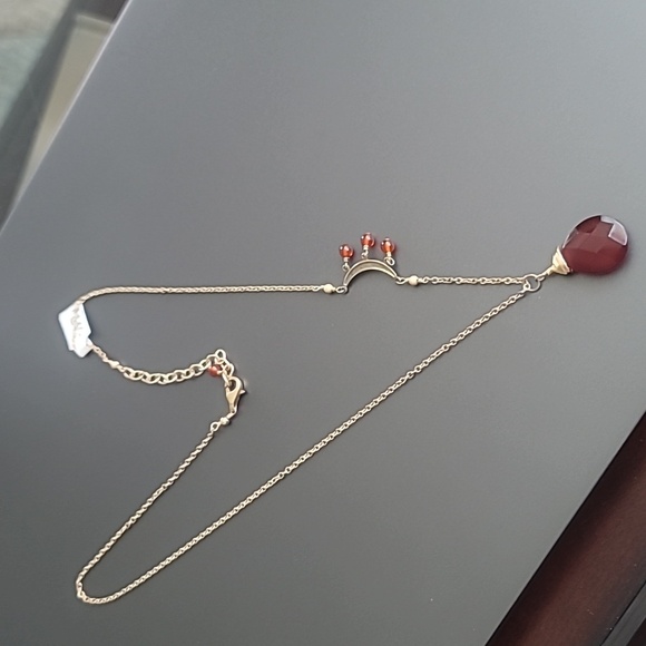 Carnelian Teardrop Pendant Necklace 14kt Gold Filled Half Moon with Dangles - Picture 2 of 8